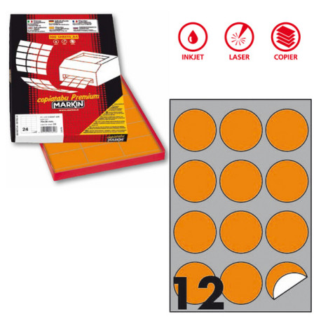 Etichette adesive R/310 - in carta - permanenti - tonde - diametro 60 mm - 12 et/fg - 100 fogli - arancio fluo - Markin
