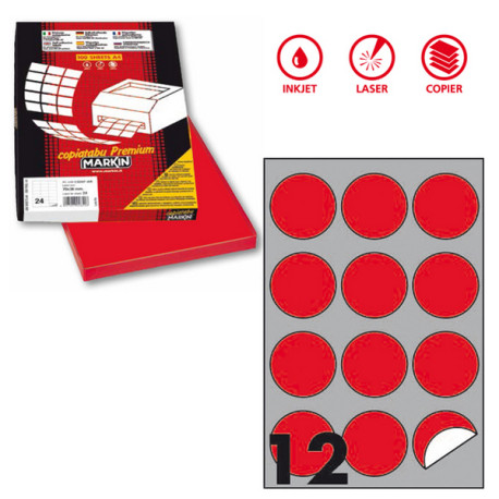 Etichette adesive R/310 - in carta - permanenti - tonde - diametro 60 mm - 12 et/fg - 100 fogli - rosso fluo - Markin
