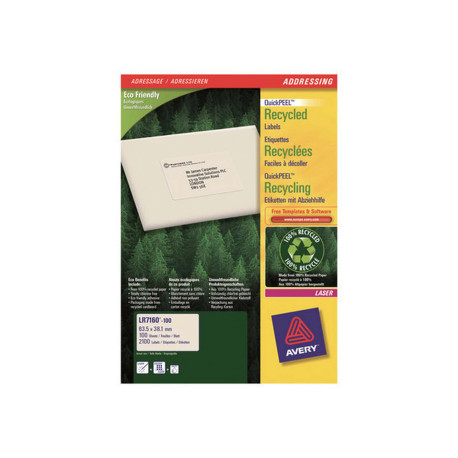 Avery QuickPEEL Recycled Labels - Bianco naturale - 38.1 x 63.5 mm 2100 etichette (100 foglio(i) x 21) Etichette per indirizzi