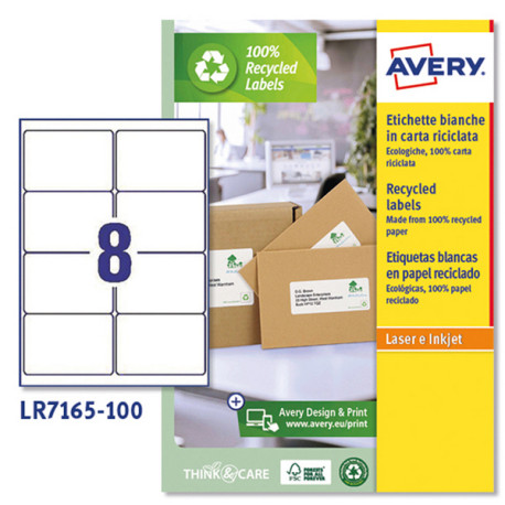 Etichette adesive - in carta riciclata - angoli arrotondati - permanenti - 99,1 x 67,7 mm - 8 et/fg - 100 fogli - bianco - Aver