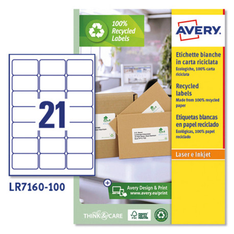 Etichette adesive - in carta riciclata - permanenti - 63,5 x 38,1 mm - 21 et/fg - 100 fogli - bianco - Avery