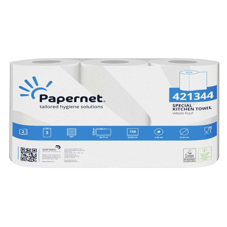 Rotolo asciugatutto professionale - 2 veli - 23 cm x 38,71 m - 158 strappi - bianco - Papernet - pacco 3 rotoli