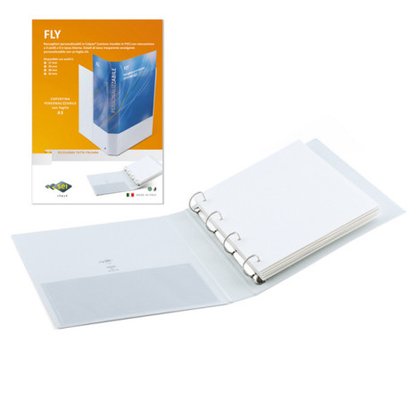 Raccoglitore personalizzabile Fly - 22 x 30 cm - 4 anelli a D 40 mm - dorso 5,5 cm - bianco - Sei Rota