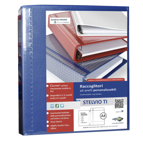 Raccoglitore personalizzabile Stelvio TI - 22 x 30 cm - 4 anelli a D 25 mm - dorso 4 cm - blu - Sei Rota