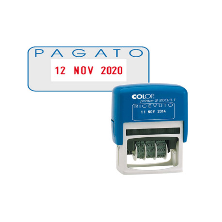 Timbro S260/L2 Datario + PAGATO - 4 mm - autoinchiostrante - bicolore - Colop