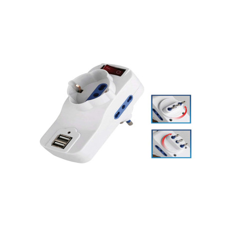 Adattatore rotante con interruttore - 2 prese bipasso 2P+T 10/16A + 1 presa Schuko + 2 prese USB - MKC