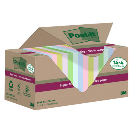 Blocco foglietti Post-it SuperSticky Green - SSCOL14+4 - 76 x 76 mm - carta riciclata - colori pastello assortiti - 70 fogli - 