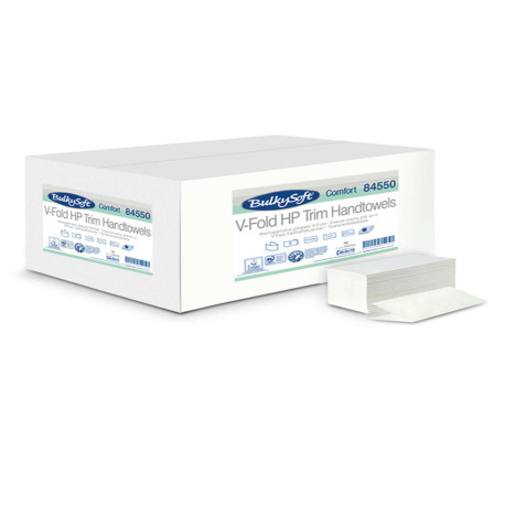 Asciugamani piegati a V Comfort - 2 veli - goffratura micro - 17 gr - 21x21 cm - bianco - BulkySoft - conf. 210 pezzi