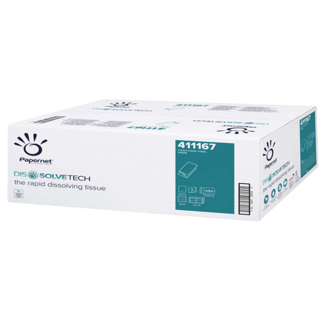 Asciugamani piegati a V Dissolve Tech - 2 veli - 20 gr - 24 x 21 cm - goffratura a onda - bianco - Papernet - conf. 250 pezzi