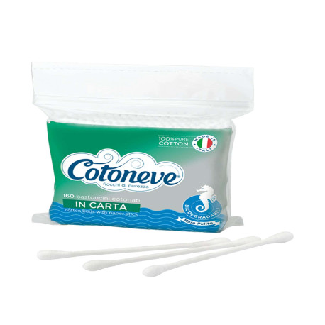 Bastoncini puliorecchie cotonati - carta biodegradabile - Cotoneve - busta da 160 pezzi
