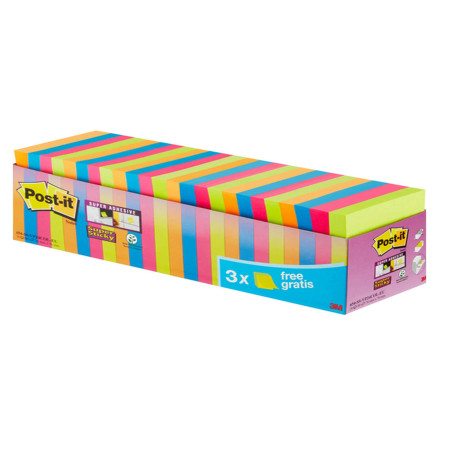Blocco foglietti Post-it Super Sticky - 654-SS-VP24COL - 76 x 76 mm - colori assortiti - 90 fogli - Post-it - conf. 24 blocchi