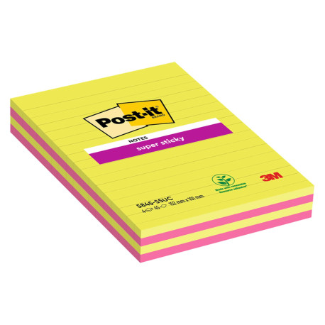 Blocco foglietti Post-it Super Sticky rettangolari - 5845-4SSUC - a righe - 127 x 203 mm - colori Ultra - 45 fogli - Post-it