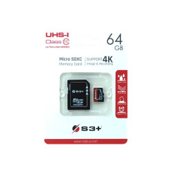 S3+ - Scheda di memoria flash (adattatore da microSDXC a SD in dotazione) - 64 GB - UHS-I / Class10 - UHS-I microSDXC - nero, r