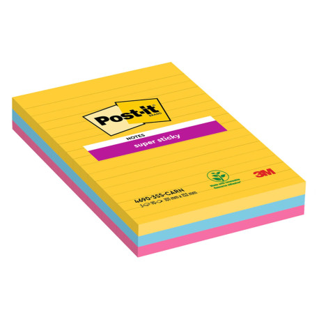 Blocco Post-it Super Sticky - 4690-3SS-CARN - a righe - 101 x 152 mm - colori Carnival - 90 fogli - Post-it - conf. 3 pezzi