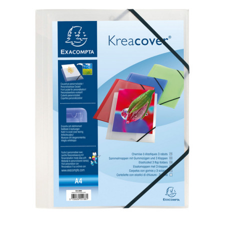 Cartella 3 lembi con elastico angolare Kreacover - A4 - dorso 1,5 cm - PP - bianco trasparente - Exacompta