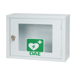 Armadio in metallo ad un’anta per defibrillatore, munito di chiusura lucchettabile.