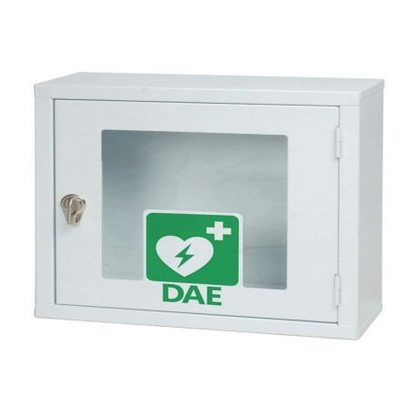 Armadio in metallo ad un’anta per defibrillatore, munito di chiusura lucchettabile.