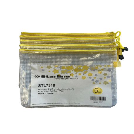 Busta a rete con cerniera gialla - PVC - 20 x 25 cm - trasparente - Starline.
