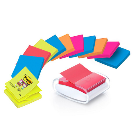 Dispenser Pro Post-it Super Sticky Z Notes - PRO-W-12SSCOL-R330 - 76 x 76 mm - colori assortiti - Post-it - 12 ricariche di fog