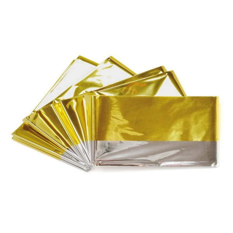 Coperta  Isotermica  cm160 x 220 in poliestere argento protegge dal freddo e oro dal caldo.