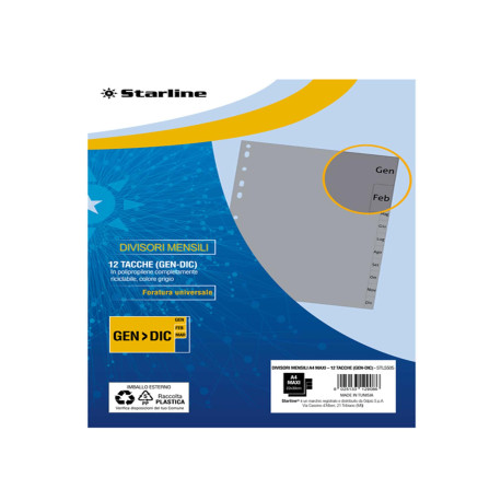 Divisori mensili Gen/Dic  12 tacche - A4 Maxi - PP - grigio - Starline