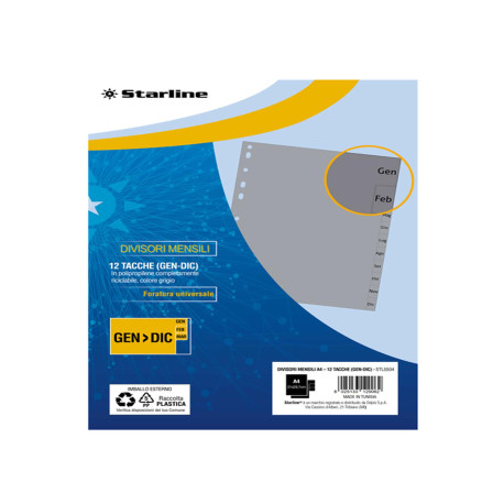 Divisori mensili Gen/Dic 12 tacche - A4 - PP - grigio - Starline