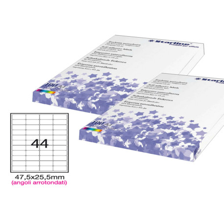 Etichette adesive - in carta - angoli arrotondati - permanenti - 47,5 x 25,5 mm - 44 et/fg - 100 fogli - bianco - Starline