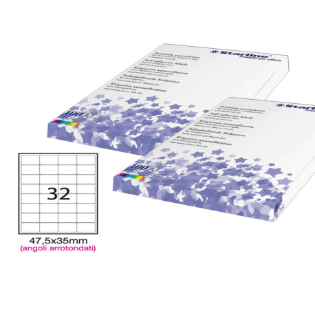 Etichette adesive - in carta - angoli arrotondati - permanenti - 47,5 x 35 mm - 32 et/fg - 100 fogli - bianco - Starline