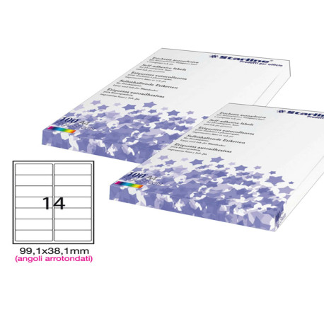 Etichette adesive - in carta - angoli arrotondati - permanenti - 99,1 x 38,1 mm - 14 et/fg - 100 fogli - bianco - Starline