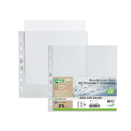 Buste forate Gea 150 - PP riciclato - buccia pesante - 22 x 30 cm - Sei rota - conf. 25 pezzi