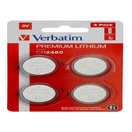 Micropile CR2450 - 3V - a pastiglia - litio - Verbatim - blister 4 pezzi