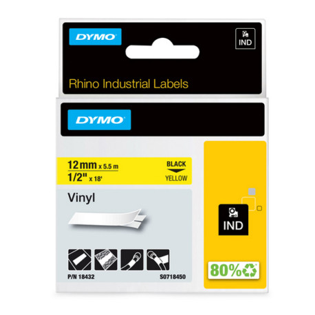 Nastro Rhino 18432 - 12 mm x 5,5 mt - vinile - permanente - nero/giallo - Dymo