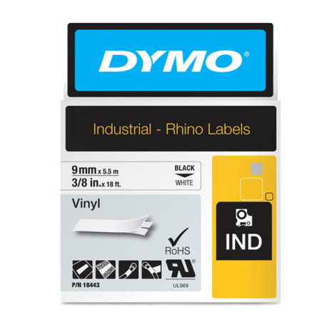 Nastro Rhino 18443 - 9 mm x 5,5 mt - vinile - permanente - nero/bianco - Dymo