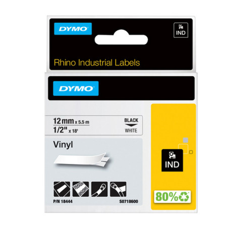 Nastro Rhino 18444 - 12 mm x 5,5 mt - vinile - permanente - nero/bianco - Dymo