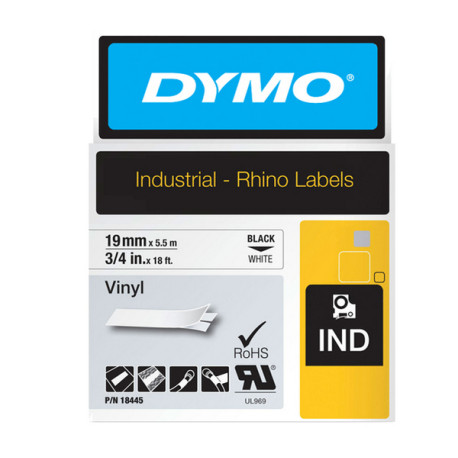 Nastro Rhino 18445 - 19 mm x 5,5 mt - vinile - permanente - nero/bianco - Dymo