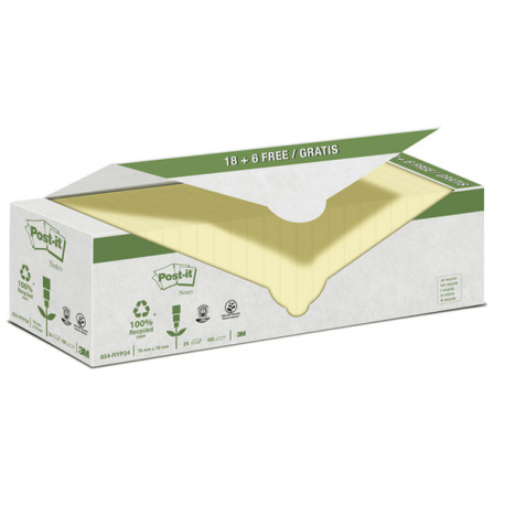 Blocco Post-it - 654-RYP24 - 76 x 76 mm - carta riciclata - giallo - 100 fogli - Post-it - conf. 24 blocchi
