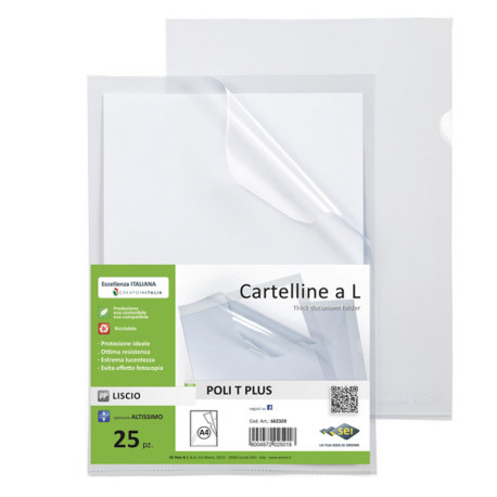 Cartellina a L - Poli T Plus - PP - 22 x 30 cm - trasparente liscio - Sei rota - conf.25 pezzi