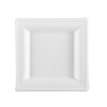 Piatto piano monouso - quadrato - 16 x 16 cm - canna da zucchero - bianco - Signor Bio - conf. 50 pezzi