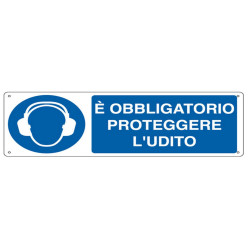 Cartello segnalatore - 35x12,5 cm - E' OBBLIGATORIO PROTEGGERE L'UDITO - alluminio - Cartelli Segnalatori