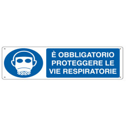 Cartello segnalatore - 35x12,5 cm - E' OBBLIGATORIO PROTEGGERE LE VIE RESPIRATORIE - alluminio - Cartelli Segnalatori