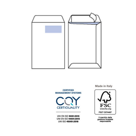 Busta a sacco Competitor FSC - strip adesivo - con finestra - 23 x 33 cm - 100 gr - bianco - Pigna Envelopes - conf. 500 pezzi