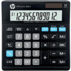 Calcolatrice da tavolo HP OfficeCalc 300 II con display LCD inclinato e alimentazione solare/batteria.