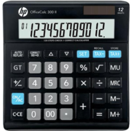Calcolatrice da tavolo HP OfficeCalc 300 II con display LCD inclinato e alimentazione solare/batteria.