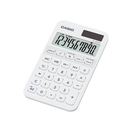 Calcolatrice tascabile Casio SL-310YC-WE con display a 10 cifre e alimentazione solare/batteria.