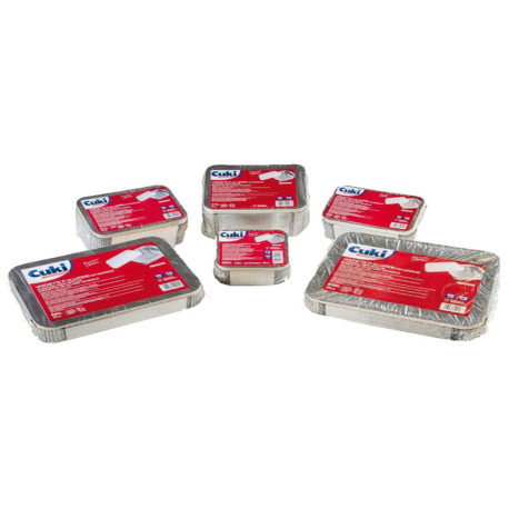 Contenitore in alluminio - 21,2 x 14,7 x 4 cm - 2 porzioni - coperchio incluso - Cuki Professional - pack 50 pezzi