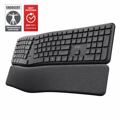 Trust Keyra Tastiera wireless multi-dispositivo ergonomica, Full-size (100%), Wireless, RF senza fili + Bluetooth, Interruttore