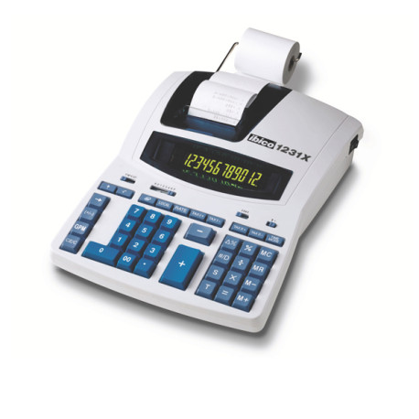 Calcolatrice scrivente 1231X - 12 cifre - 23 x 7,5 x 30 cm - bianco/azzurro - Ibico
