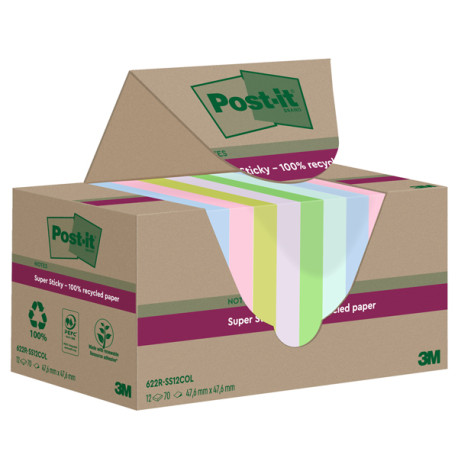 Blocco foglietti Post it® SuperSticky Green - 622R-SS12COL - 47,6 x 47,6 mm - carta riciclata - colori pastello assortiti - 70 