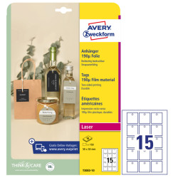 Cartellino stampabile resistente - plastica 190 µ -  laser - 50 x 50 mm - 15 cart/fg - 10 fogli - bianco - Avery