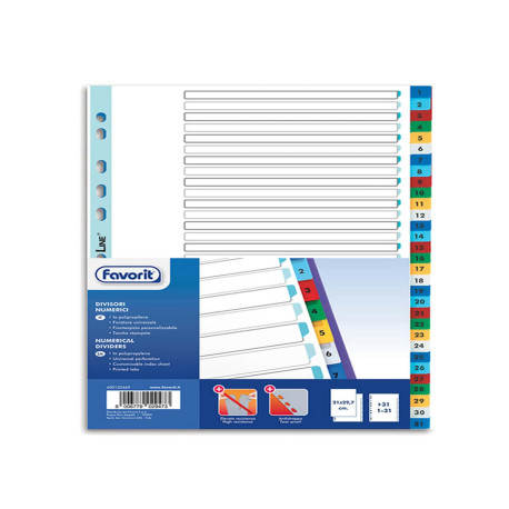 Divisori numerici 31 tacche - A4 - PP - colori assortiti - Favorit